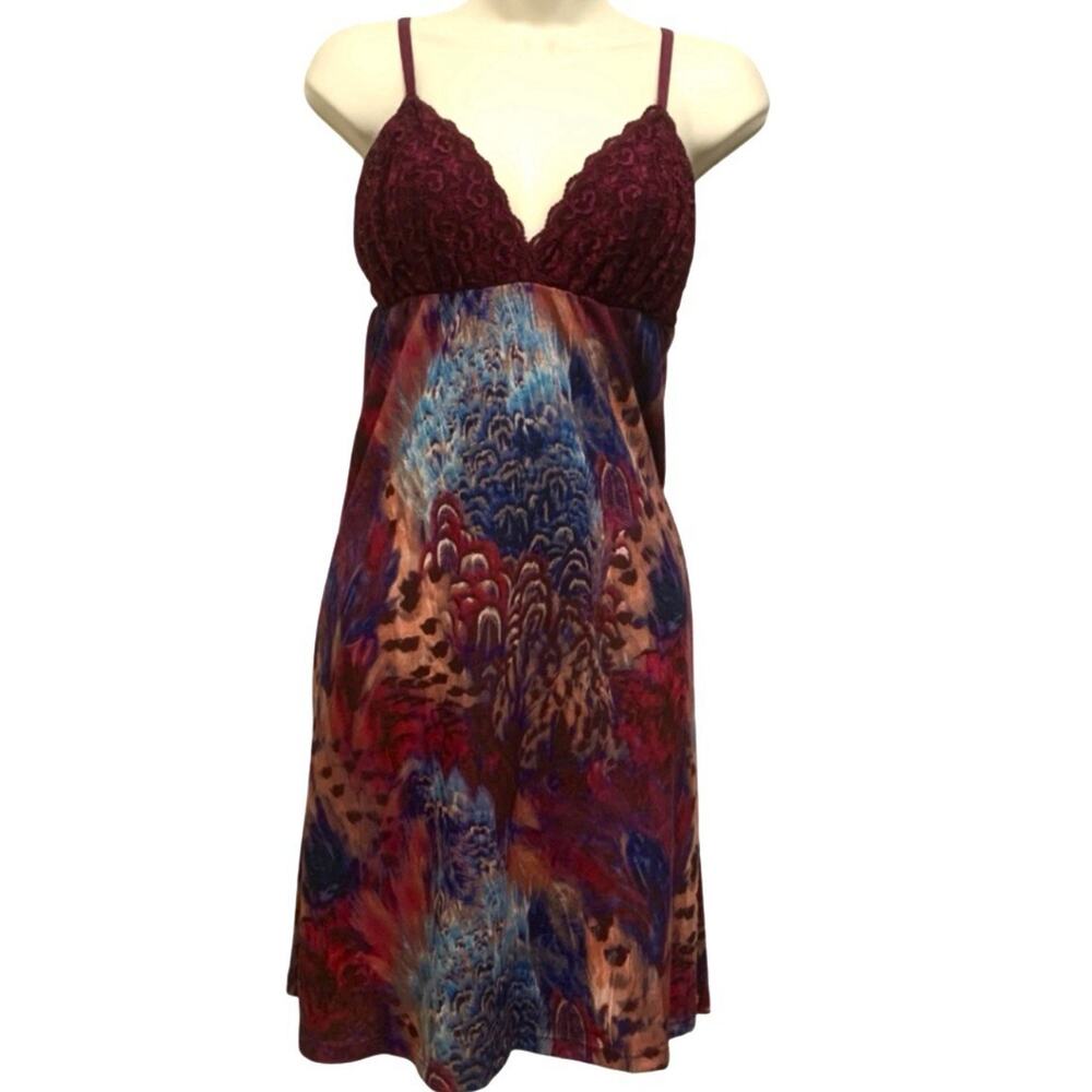 Wendy Glez Womens Sz L Slip Dress Boho Lace Whimsigoth Feather Print Babydoll